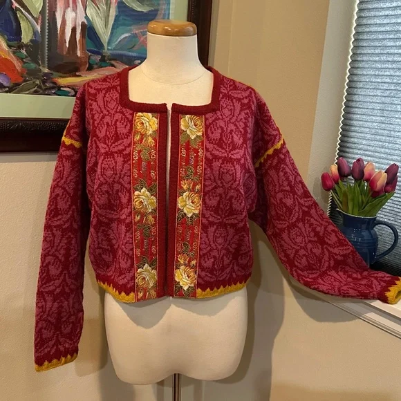 Oleana Pink Cardigan Sweater Jacket w/ Embroidered Ribbon -Norwegian Story - M